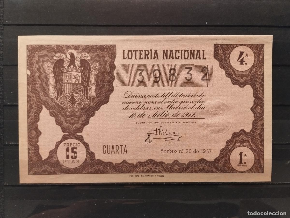 National Spanish Lottery: JT - DECIMO DE LA LOTERIA NACIONAL SORTEO N&ordm; 20/1957. PLANCHA. PERFECTO.