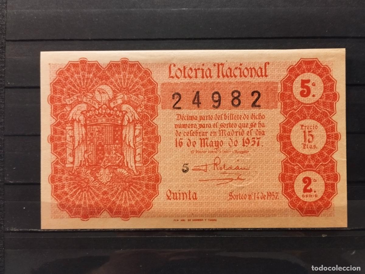 National Spanish Lottery: JT - DECIMO DE LA LOTERIA NACIONAL SORTEO N&ordm; 14/1957. PLANCHA. PERFECTO.