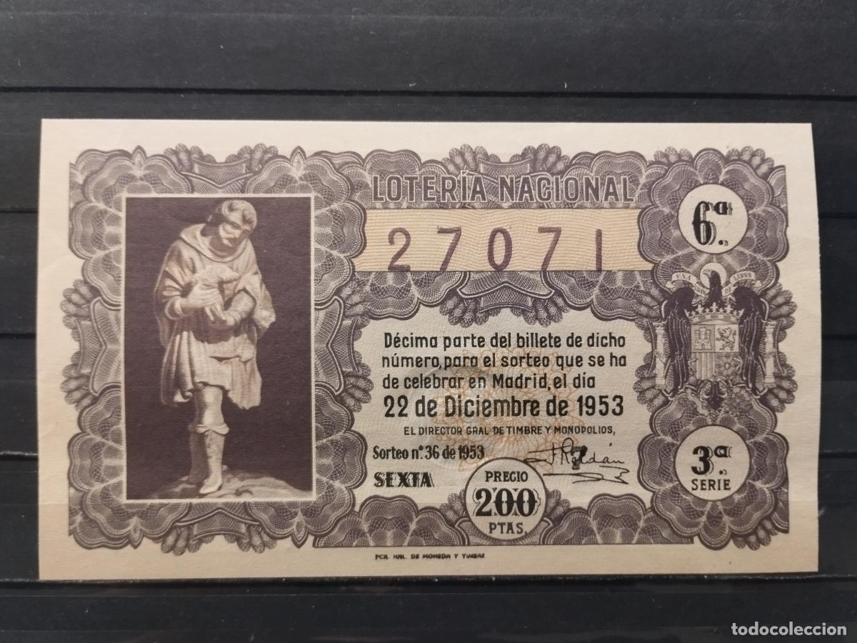 National Spanish Lottery: JT - DECIMO DE LA LOTERIA NACIONAL SORTEO N&ordm; 36/1953. PLANCHA.