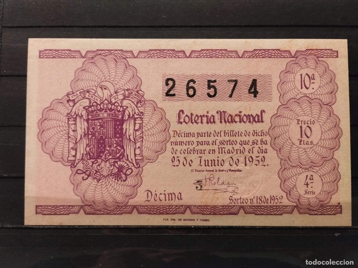 National Spanish Lottery: JT - DECIMO DE LA LOTERIA NACIONAL SORTEO N&ordm; 18/1952. PLANCHA.