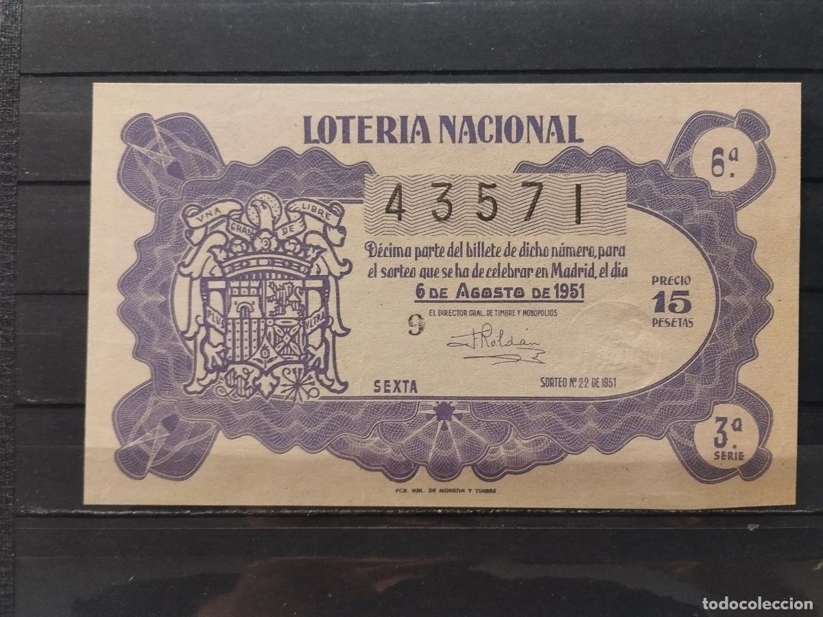 Loter&iacute;a Nacional: JT - DECIMO DE LA LOTERIA NACIONAL SORTEO N&ordm; 22/1951. PLANCHA.