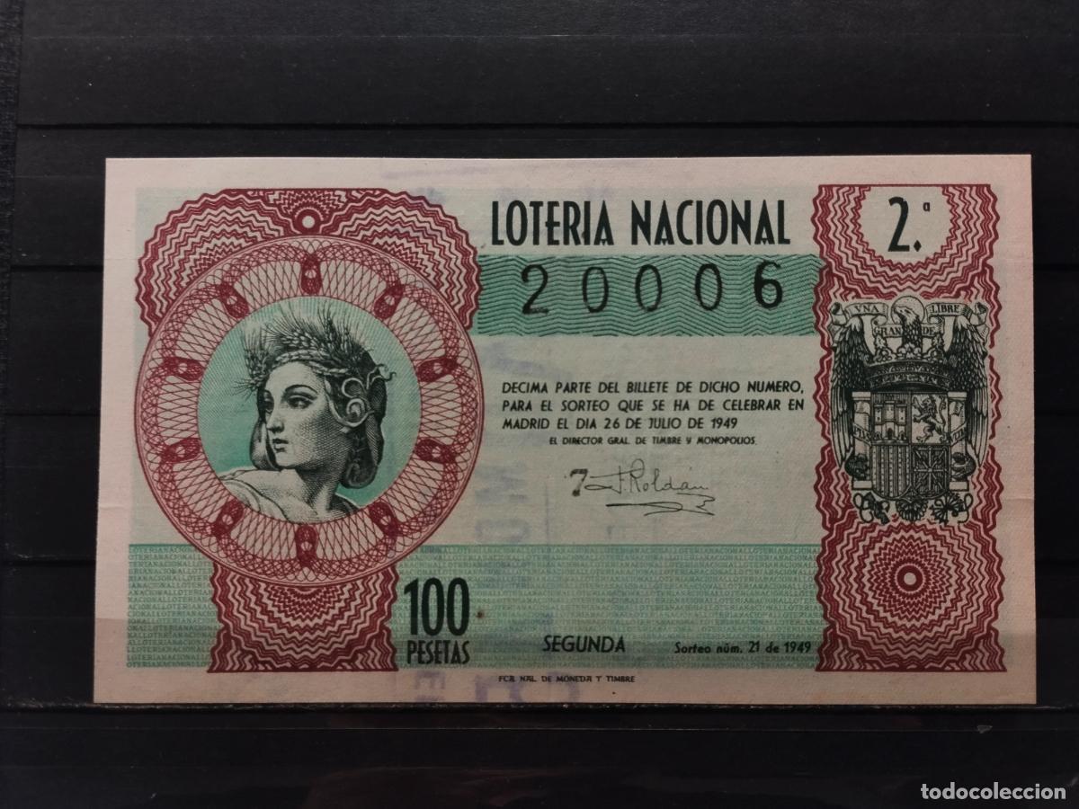 Loter&iacute;a Nacional: JT - DECIMO DE LA LOTERIA NACIONAL SORTEO N&ordm; 21/1949. INFIMA DOBLEZ HORIZONTAL. MUY BUENA CALIDAD
