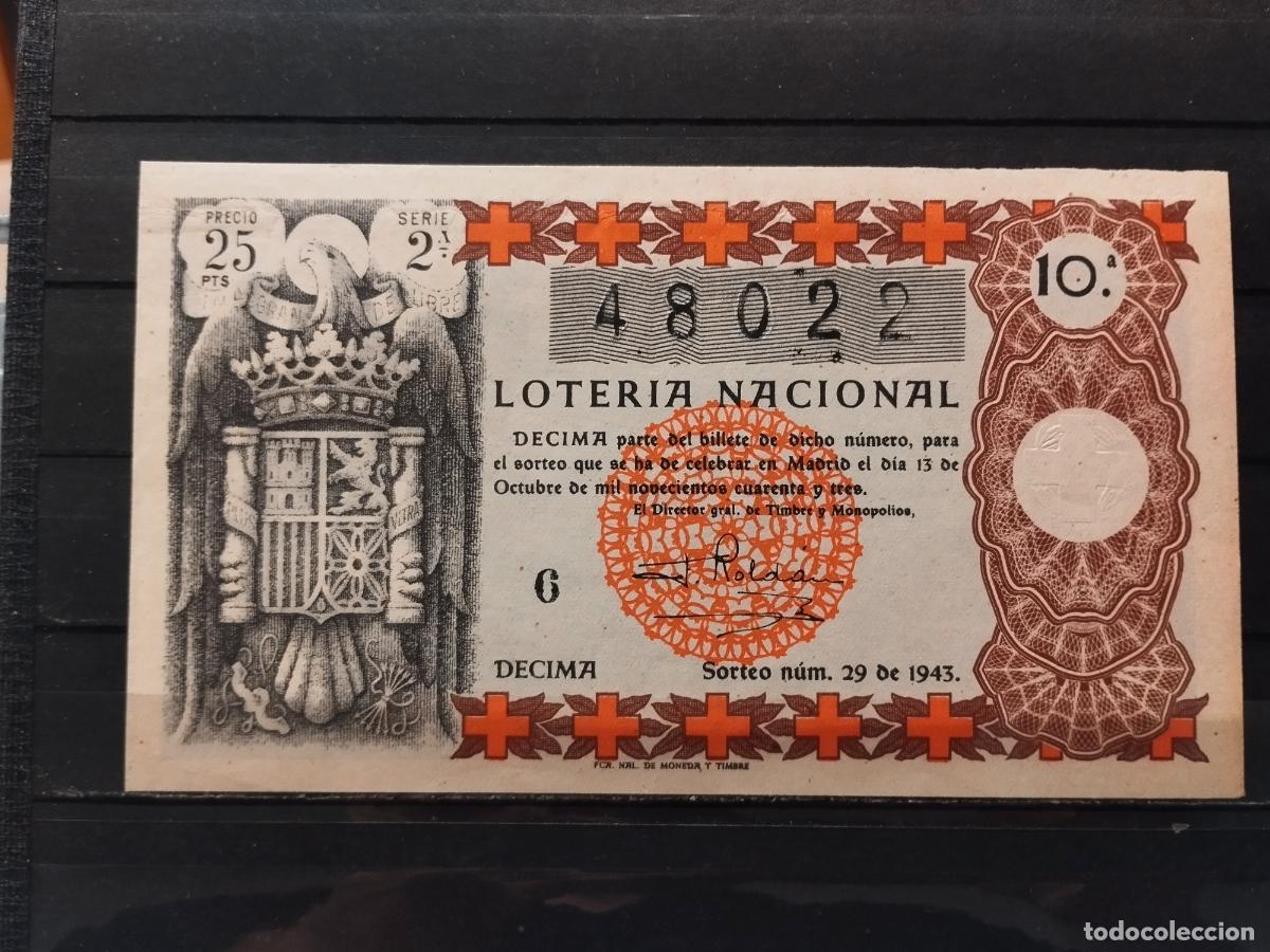 National Spanish Lottery: JT - DECIMO DE LA LOTERIA NACIONAL SORTEO N&ordm; 29/1943. CRUZ ROJA.