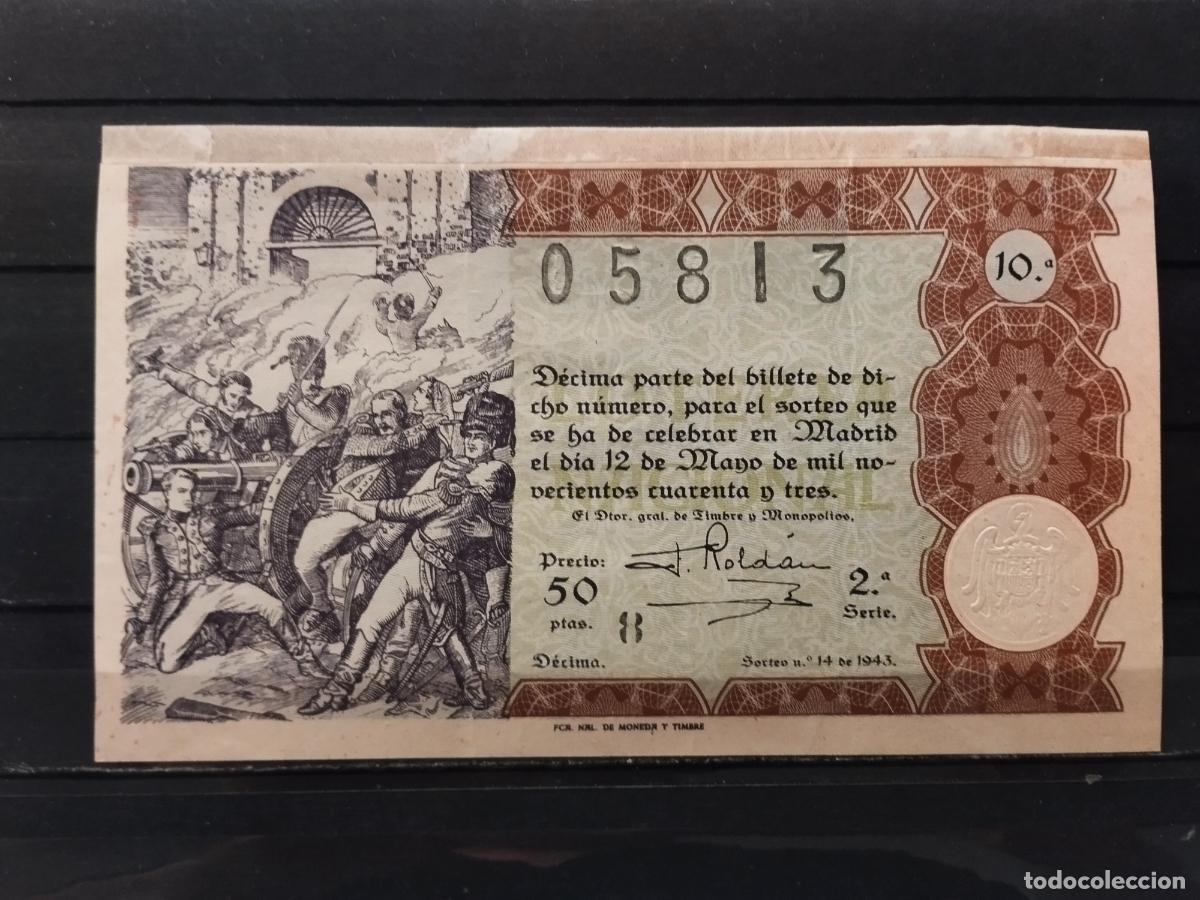 National Spanish Lottery: JT - DECIMO DE LA LOTERIA NACIONAL SORTEO N&ordm; 14/1943. RECONSTRUIDO MARGEN SUPERIOR