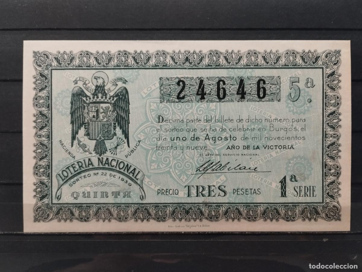 National Spanish Lottery: JT - DECIMO DE LA LOTERIA NACIONAL. BURGOS. SORTEO N&ordm; 22/1939. PLANCHA