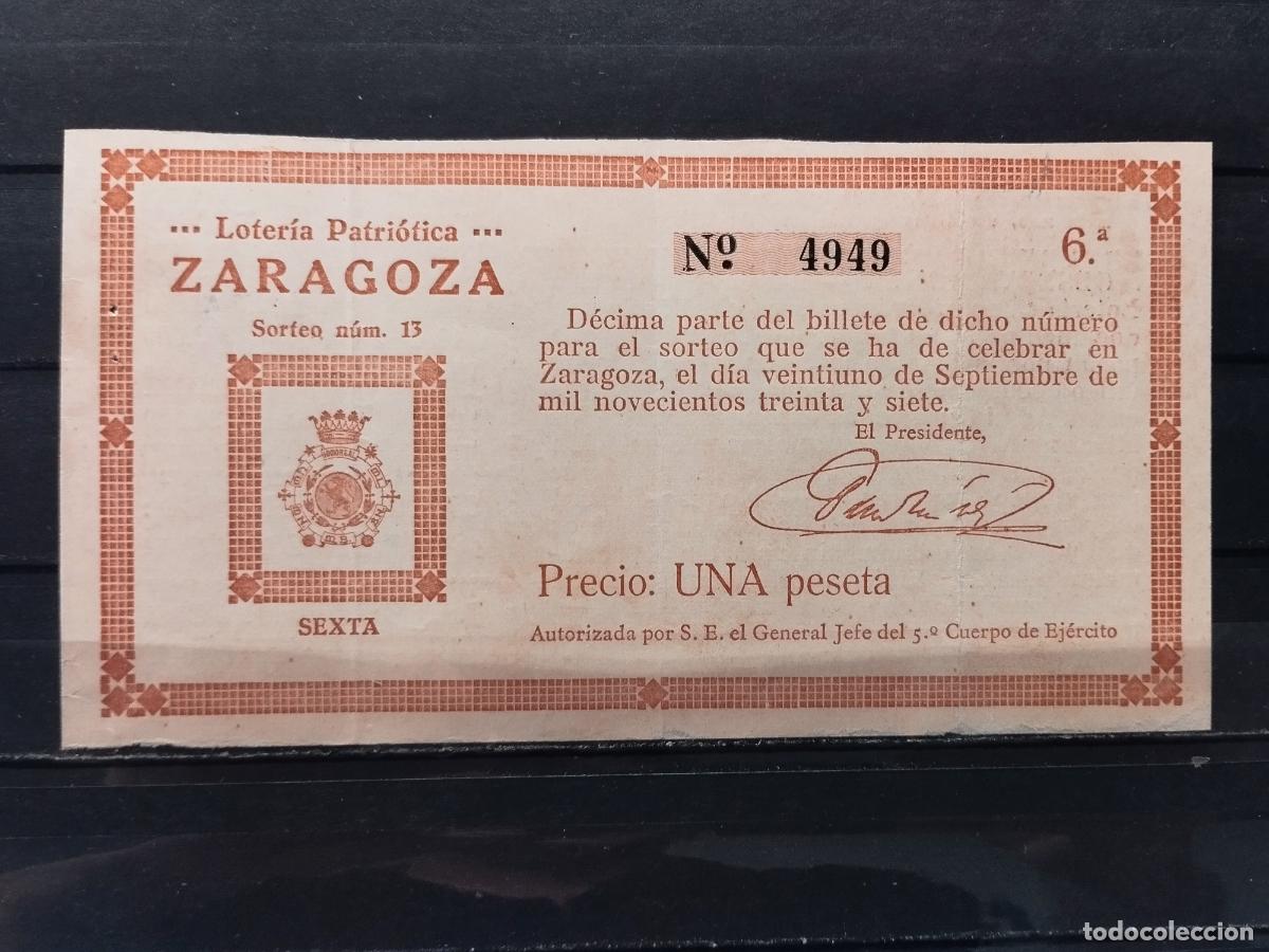 National Spanish Lottery: JT - DECIMO DE LA LOTERIA PATRIOTICA DE ZARAGOZA SORTEO N&ordm; 13/1937. BUENA CALIDAD