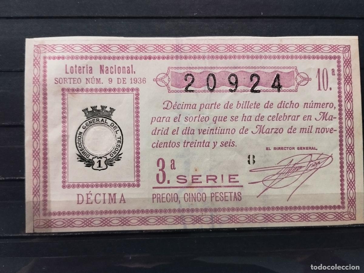 National Spanish Lottery: JT - DECIMO DE LA LOTERIA NACIONAL. SORTEO N&ordm; 9/1936. REPARACION MARGEN IZQUIERDO
