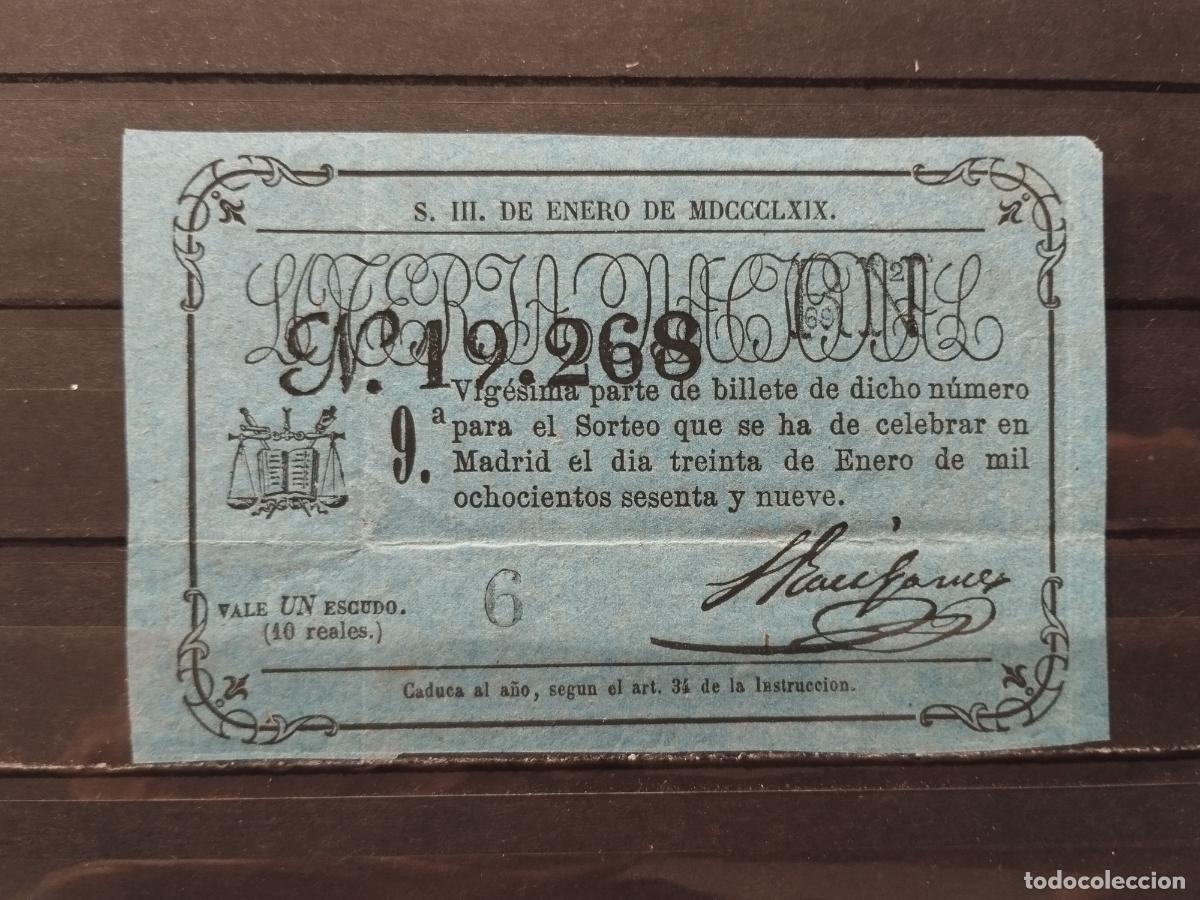 National Spanish Lottery: JT - DECIMO DE LA LOTERIA NACIONAL. MADRID. SORTEO 30 ENERO 1869. LIGERO DOBLEZ VERTICAL/HORIZONTAL
