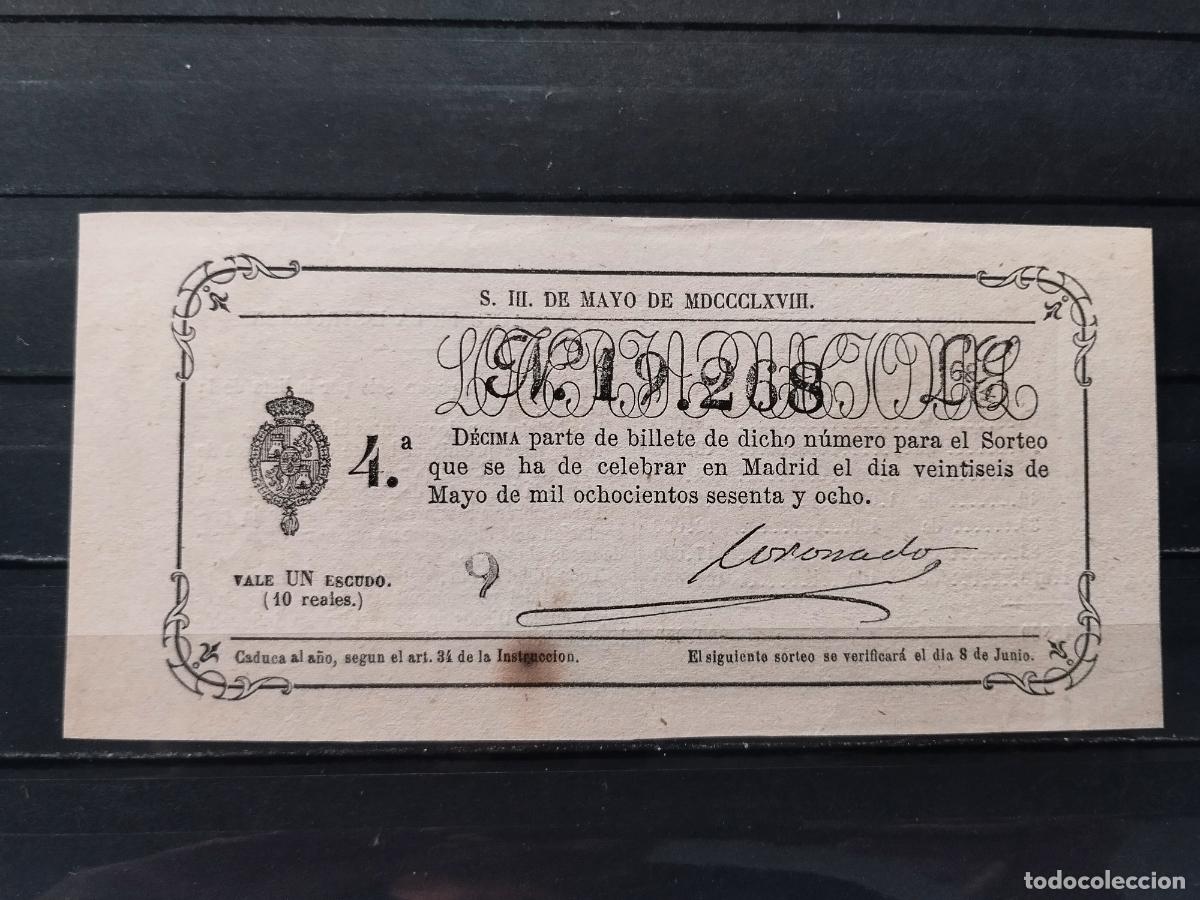 Lotaria Nacional: JT - DECIMO DE LA LOTERIA NACIONAL. MADRID. SORTEO 26 MAYO 1868. MANCHA OXIDO Y PUNTO ALFILER