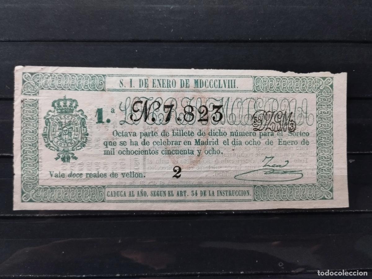 Lotaria Nacional: JT - DECIMO DE LA LOTERIA NACIONAL. MADRID. SORTEO 8 ENERO 1858. COLOR VERDE. INFIMAS DOBLECES.