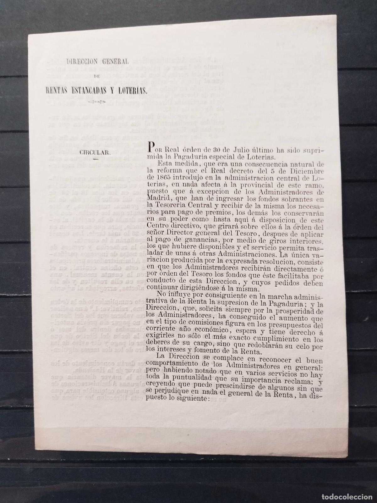 Lotaria Nacional: JT - 1866. DIRECCION GENERAL DE RENTAS ESTANCADAS Y LOTERIAS. CIRCULAR