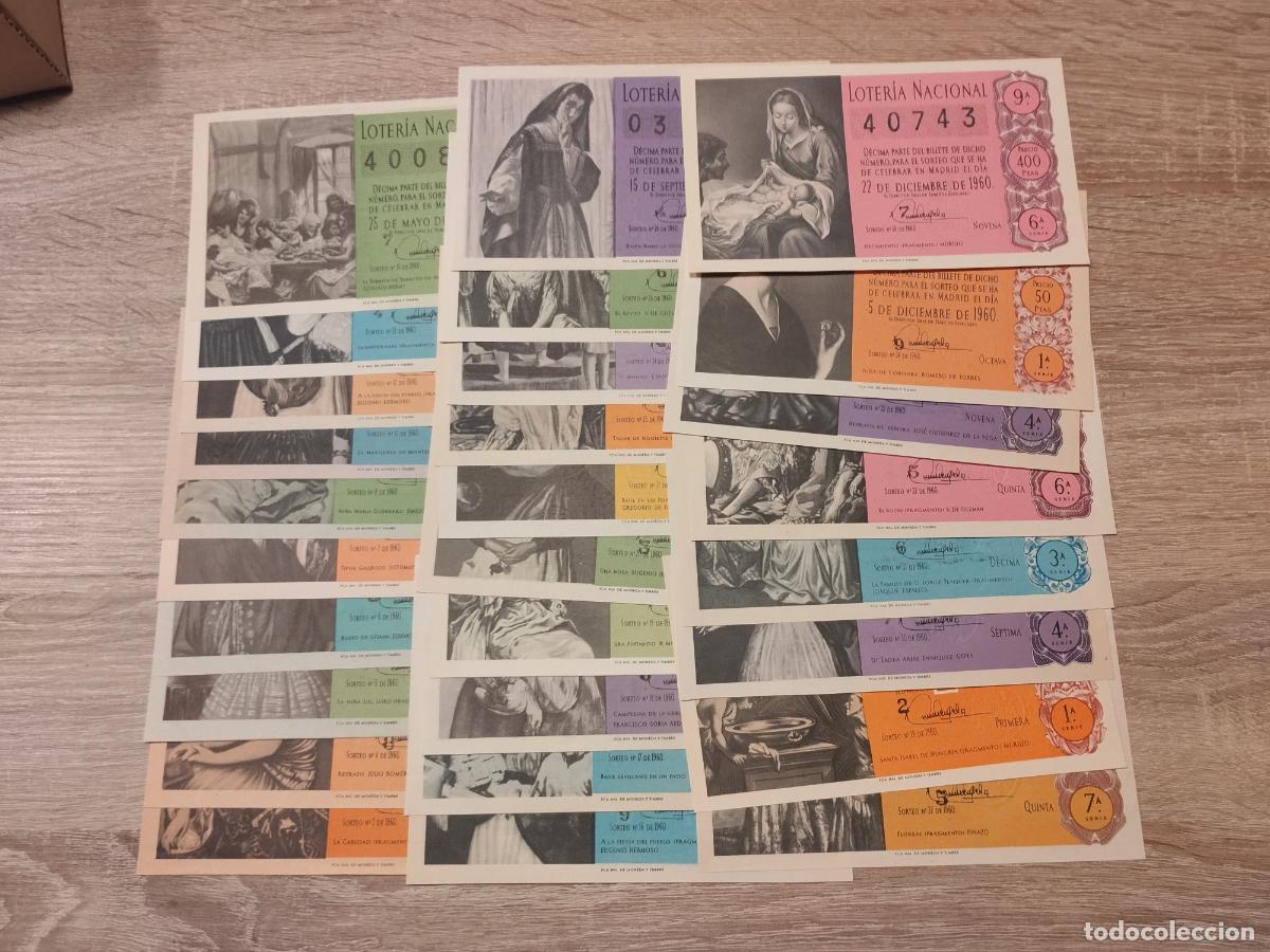 National Spanish Lottery: JT - LOTERIA NACIONAL 1960. 28 DECIMOS DE DISTINTOS SORTEOS. VER DESCRIPCION