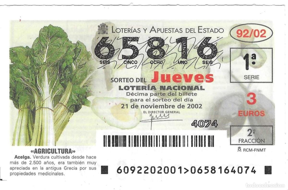 Loter&iacute;a Nacional: D&eacute;cimo Loter&iacute;a del Jueves, sorteo n&ordm; 92 de 2002. Agricultura. Acelga. ref. 10-0292
