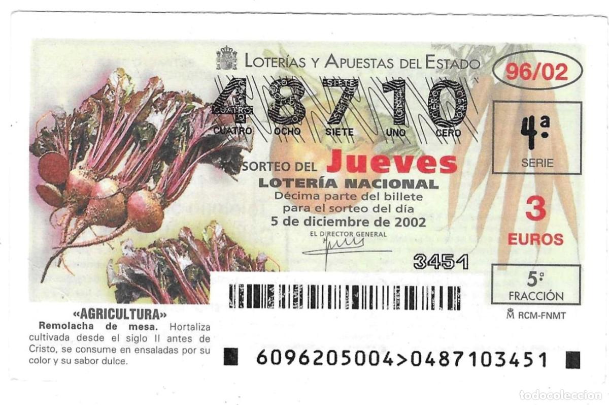 Loter&iacute;a Nacional: D&eacute;cimo Loter&iacute;a del Jueves, sorteo n&ordm; 96 de 2002. Agricultura. Remolacha de mesa. ref. 10-0296