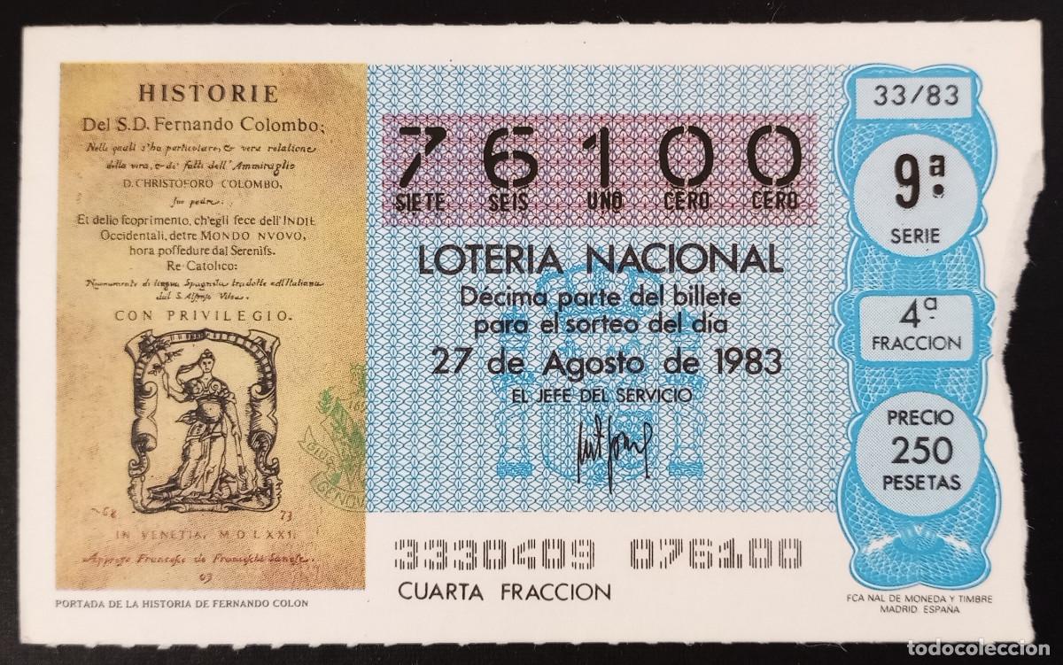 Loter&iacute;a Nacional: D&Eacute;CIMO DE LOTERIA - 27-AGOSTO-1983 - PORTADA DE LA HISTORIA DE FERNANDO COL&Oacute;N
