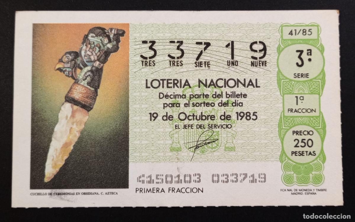 Loter&iacute;a Nacional: D&Eacute;CIMO DE LOTERIA - 19-OCTUBRE-1985 - CUCHILLO DE CEREMONIAS EN OBSIDIANA. C. AZTECA