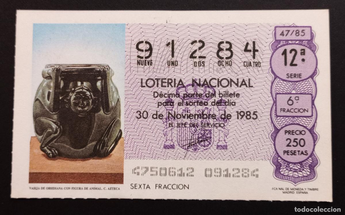 Loter&iacute;a Nacional: D&Eacute;CIMO DE LOTERIA - 30-NOVIEMBRE-1985 - VASIJA DE OBSIDIANA CON FIGURA DE ANIMAL. C. AZTECA