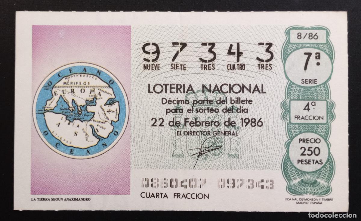 Loter&iacute;a Nacional: D&Eacute;CIMO DE LOTERIA - 22-FEBRERO-1986 - LA TIERRA SEGUN ANAXIMANDRO