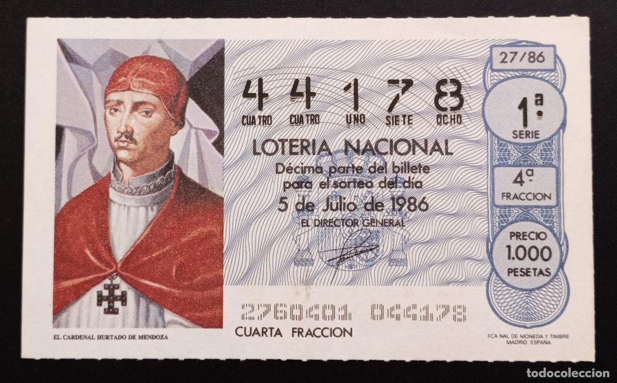 Loter&iacute;a Nacional: D&Eacute;CIMO DE LOTERIA - 5-JULIO-1986 - EL CARDENAL HURTADO DE MENDOZA