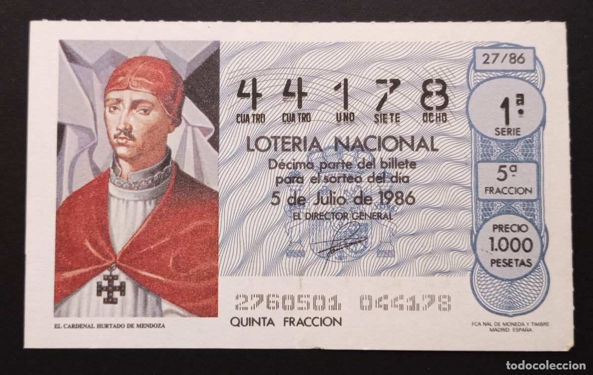 Loter&iacute;a Nacional: D&Eacute;CIMO DE LOTERIA - 5-JULIO-1986 - EL CARDENAL HURTADO DE MENDOZA