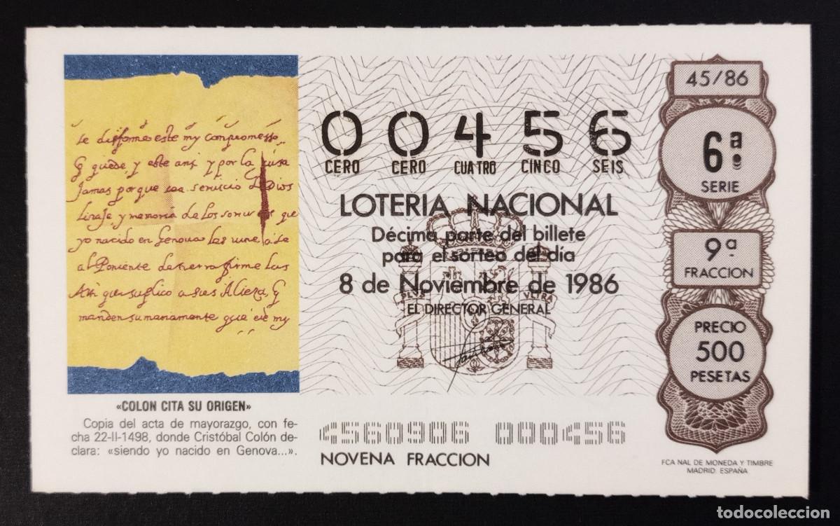 Loter&iacute;a Nacional: D&Eacute;CIMO DE LOTERIA - 8-NOVIEMBRE-1986 - COLON CITA SU ORIGEN