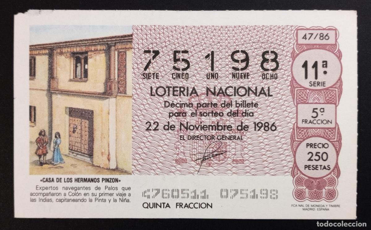 Loter&iacute;a Nacional: D&Eacute;CIMO DE LOTERIA - 22-NOVIEMBRE-1986 - CASA DE LOS HERMANOS PINZ&Oacute;N