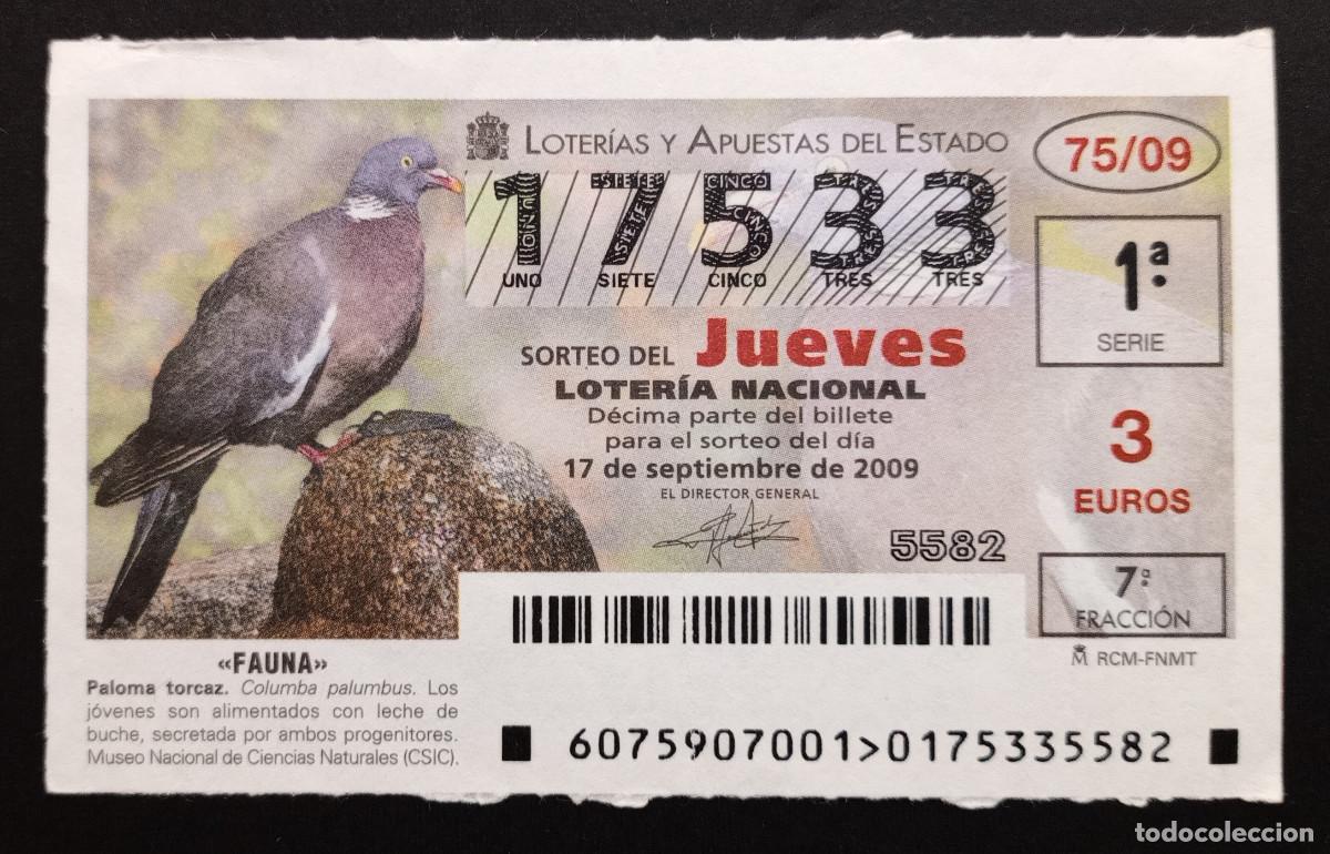 Loter&iacute;a Nacional: D&Eacute;CIMO DE LOTERIA - 17-SEPTIEMBRE-2009 - FAUNA, PALOMA TORCAZ