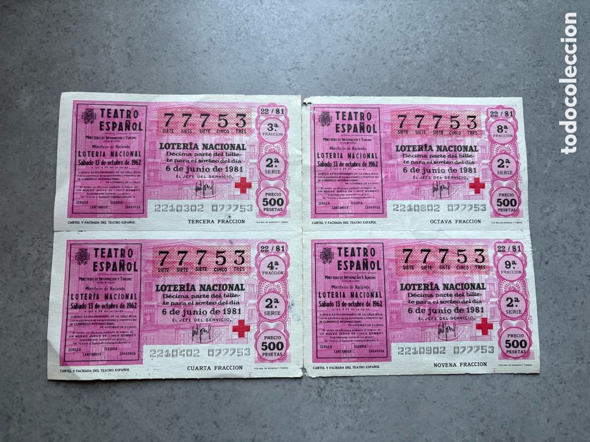 Loter&iacute;a Nacional: Cuatro billetes de loter&iacute;a nacional del sorteo de 6 de junio de 1981 n&ordm; 77753 vendido en Valencia