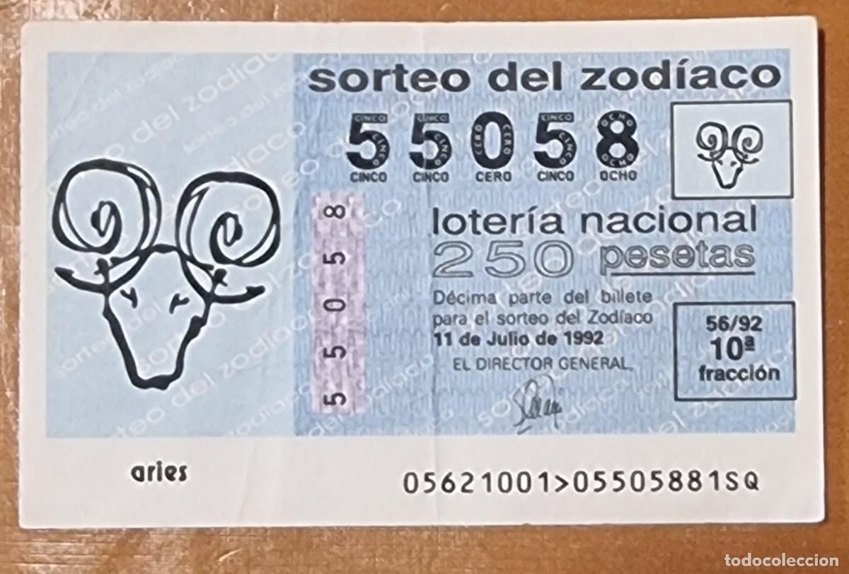 Loter&iacute;a Nacional: BILLETE DE LOTERIA DE ESPA&Ntilde;A 1992 - JUEVES - Zodiaco Millonario - ARIES