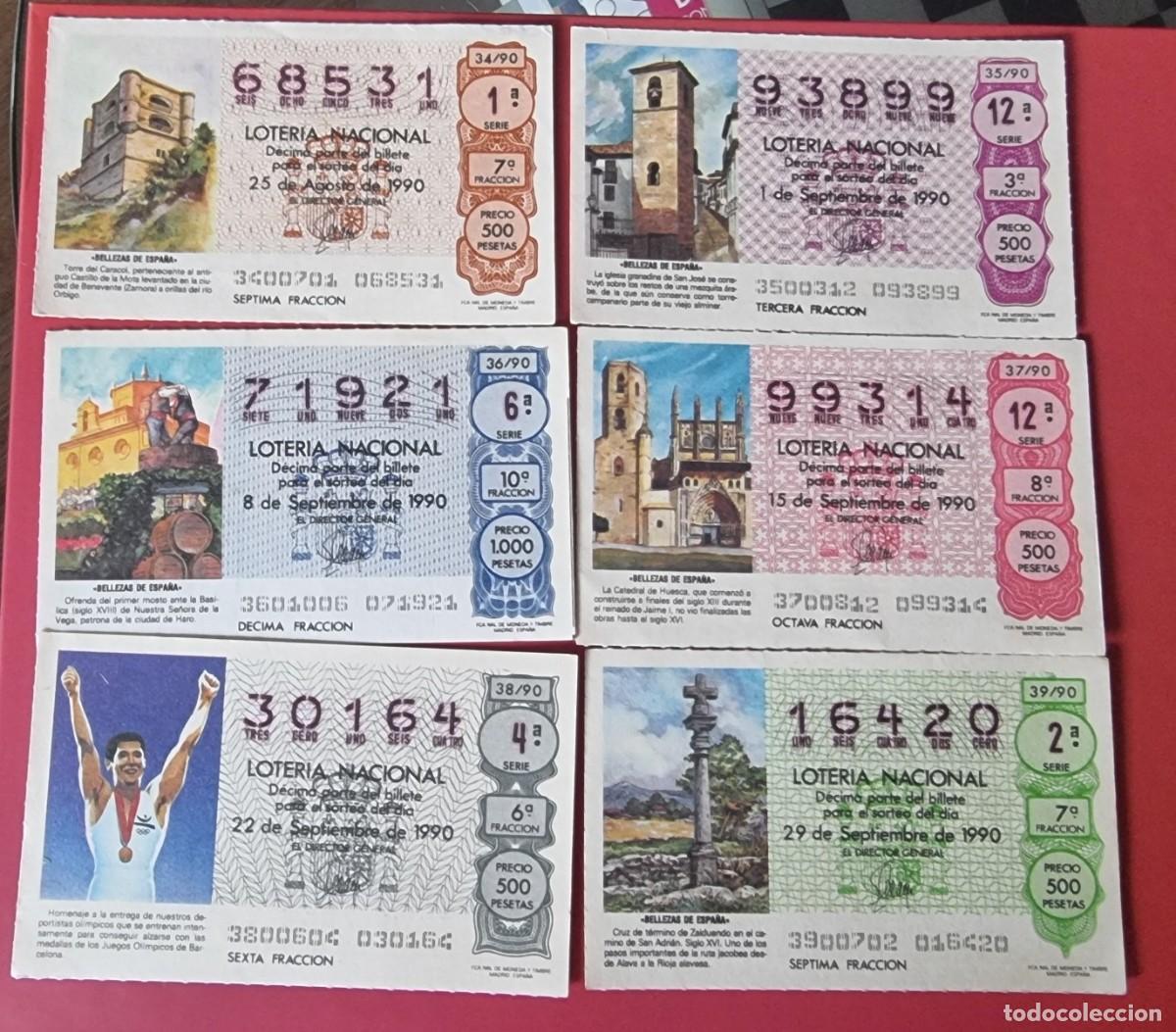 Loter&iacute;a Nacional: 6 D&Eacute;CIMOS LOTER&Iacute;A NACIONAL DE 1990 BELLEZAS DE ESPA&Ntilde;A / HOMENAJE DEPORTISTAS