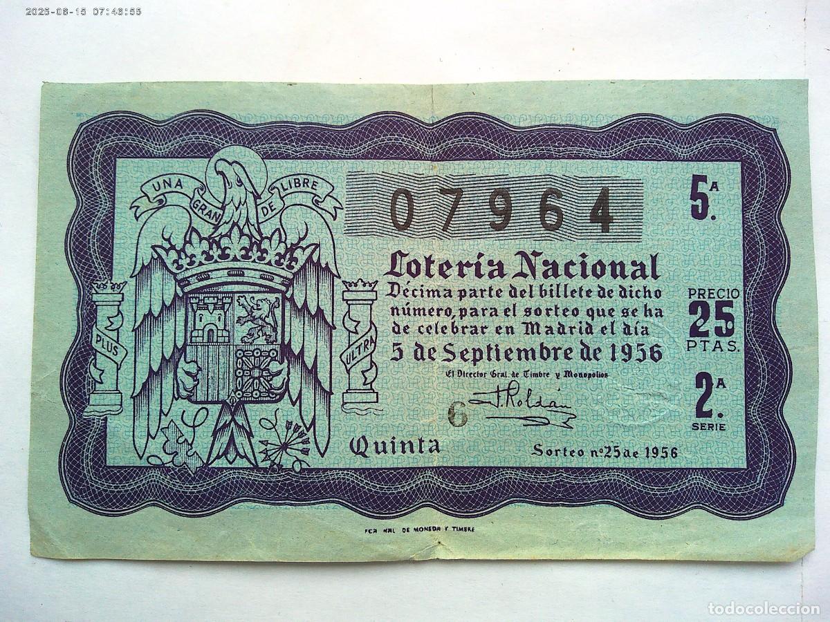 Loter&iacute;a Nacional: DECIMO DE LOTERIA NACIONAL DEL 5 DE SEPTIEMBRE DE 1956 . CON AGUILA DE SAN JUAN