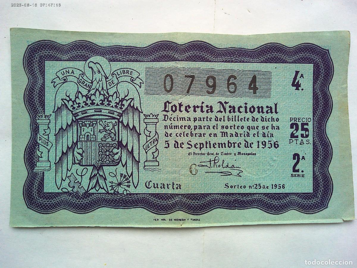 Loter&iacute;a Nacional: DECIMO DE LOTERIA NACIONAL DEL 5 DE SEPTIEMBRE DE 1956 . CON AGUILA DE SAN JUAN