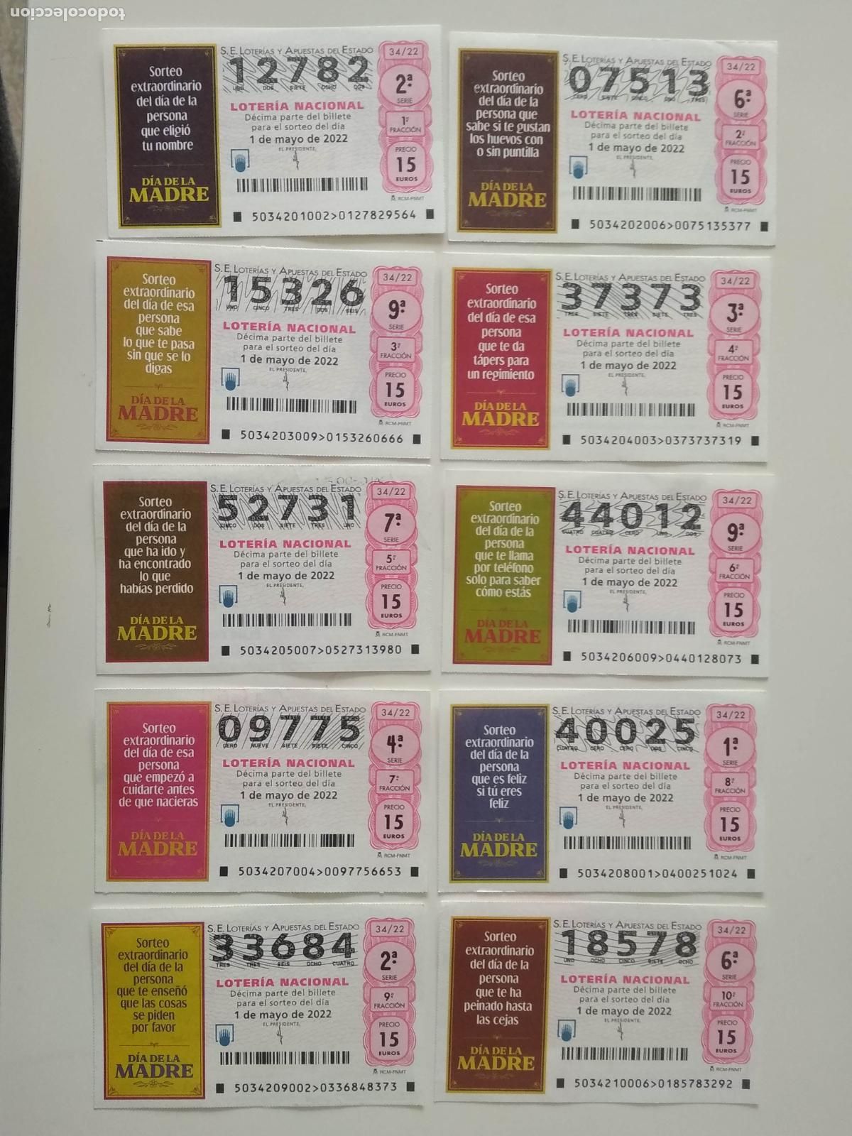 Loter&iacute;a Nacional: LOTERIA NACIONAL A&Ntilde;O 2022 SORTEO N&ordm; 34 , 10 DECIMOS , DIA DE LA MADRE