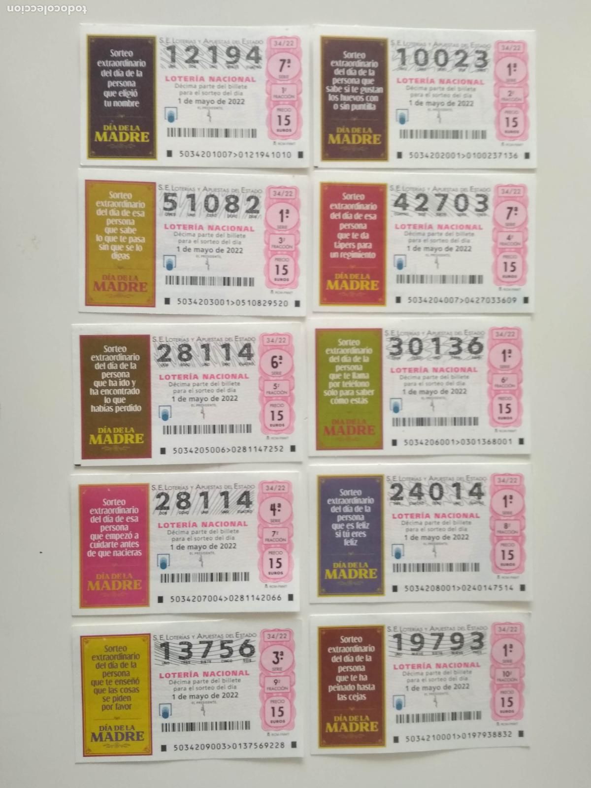 Loter&iacute;a Nacional: LOTERIA NACIONAL A&Ntilde;O 2022 SORTEO N&ordm; 34 , 10 DECIMOS , DIA DE LA MADRE