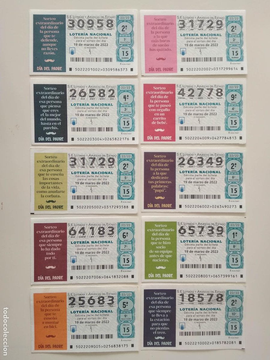 Loter&iacute;a Nacional: LOTERIA NACIONAL A&Ntilde;O 2022 SORTEO N&ordm; 22 , 10 DECIMOS , DIA DEL PADRE