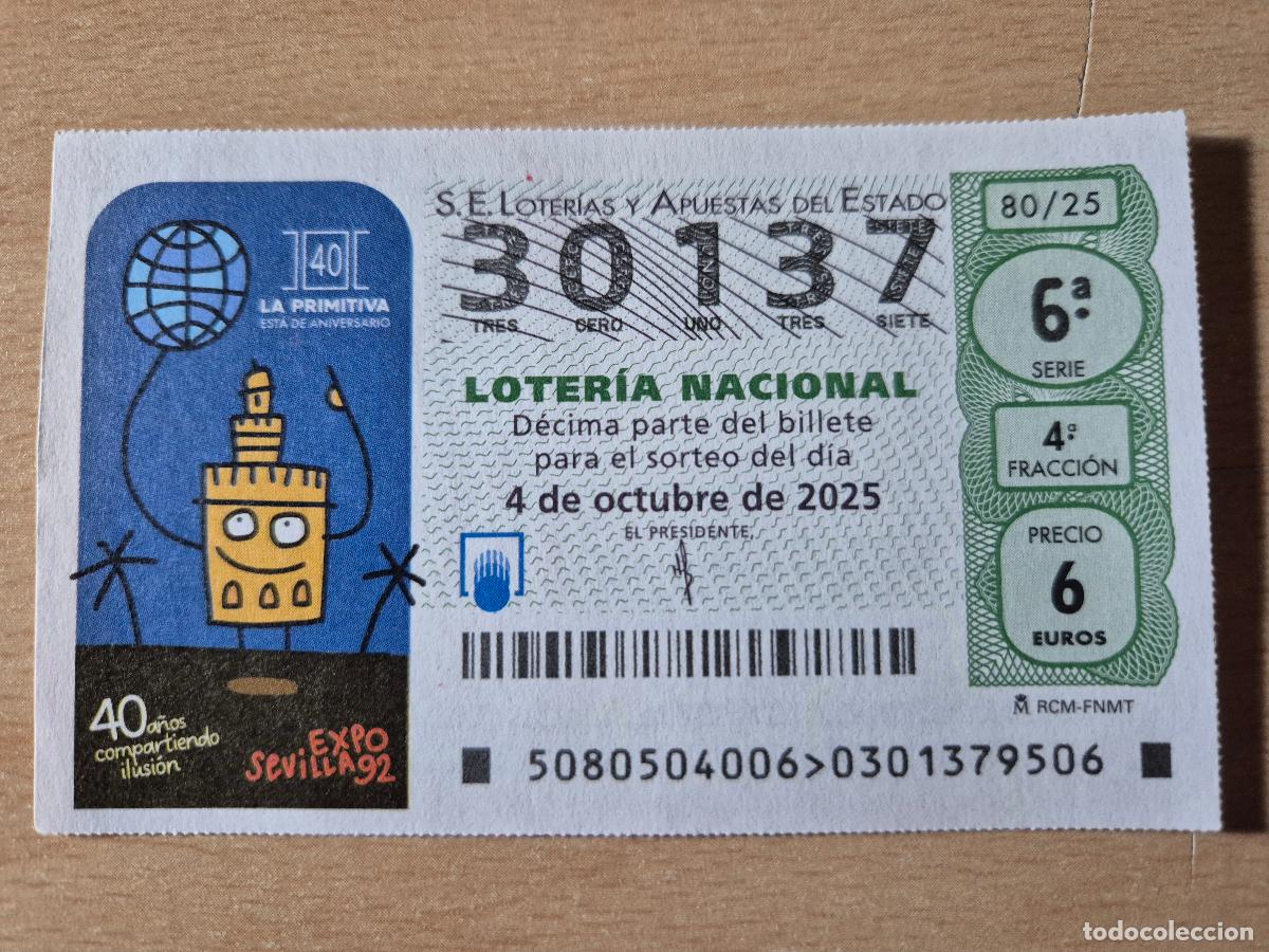 Loterie Nationale: LOTERIA NACIONAL - 04-10-2025 - 30137 - 40 A&Ntilde;OS LA PRIMITIVA