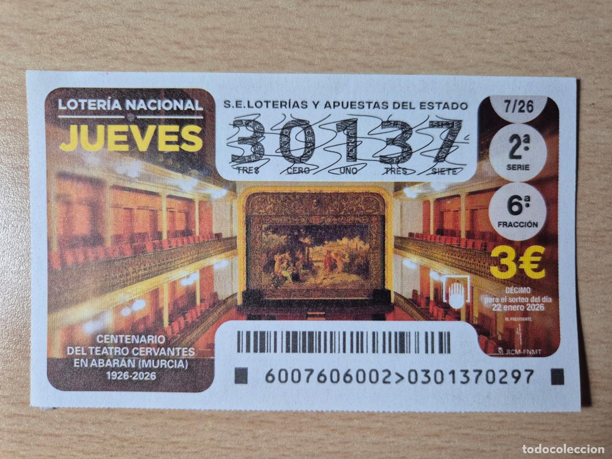Loter&iacute;a Nacional: LOTERIA NACIONAL - 22-01-2026 - 30137 - CENTENARIO TEATRO CERVANTES EN ABARAN, MURCIA