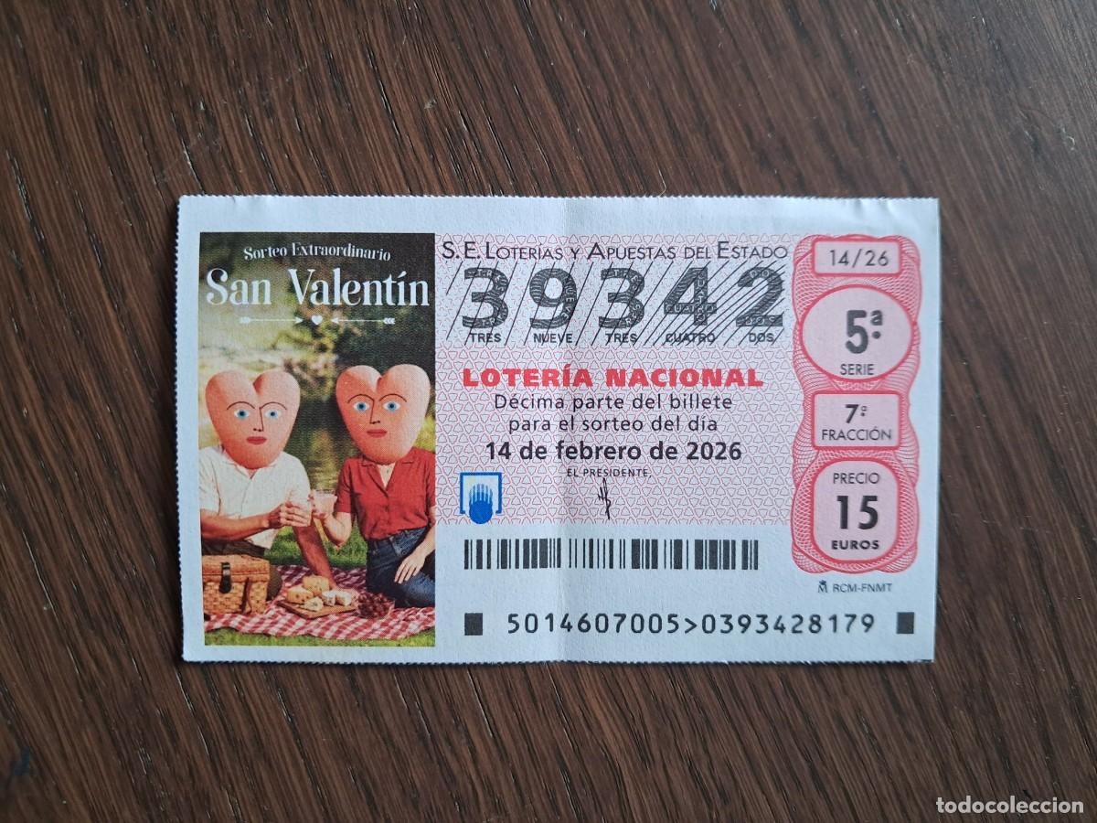 Loter&iacute;a Nacional: d&eacute;cimo loter&iacute;a nacional de d&iacute;a 14-02-26, sorteo extraordinario San Valent&iacute;n. 14/26. n&ordm; 39.342.
