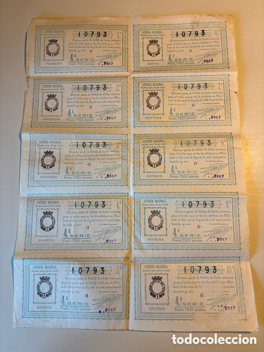Loter&iacute;a Nacional: Billete Loter&iacute;a Nacional 1 Agosto 1936