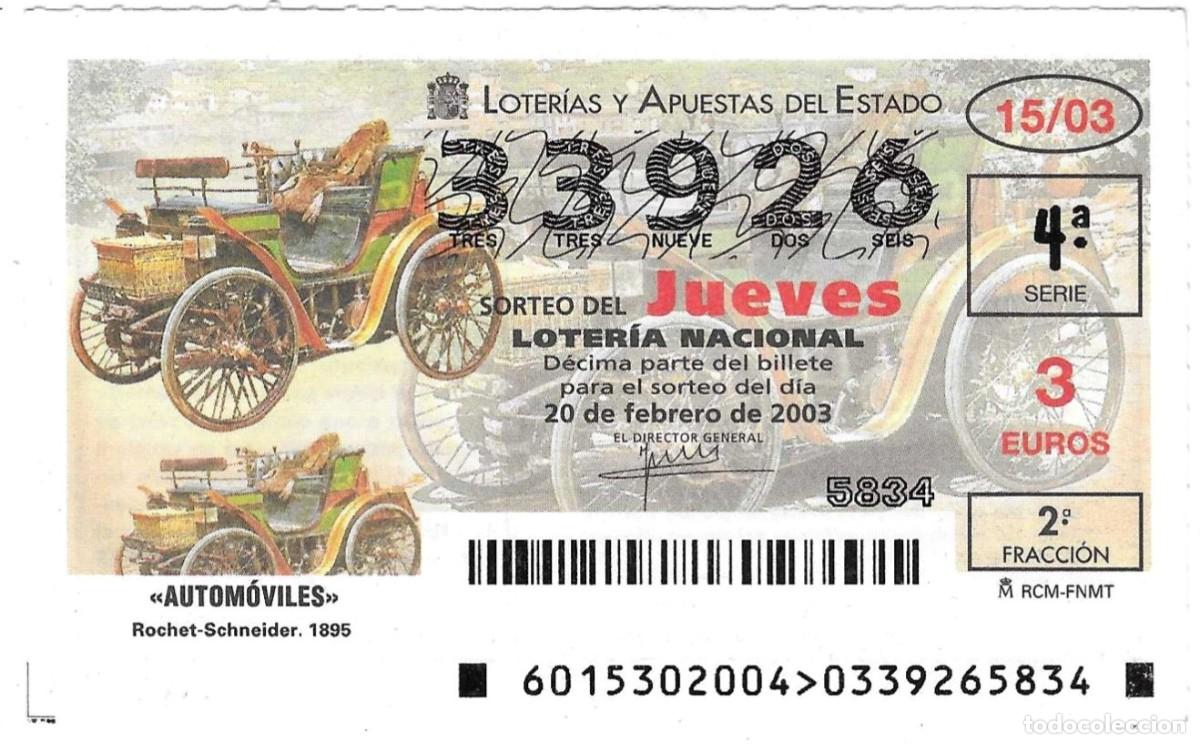 Loter&iacute;a Nacional: D&eacute;cimo Loter&iacute;a del Jueves, sorteo n&ordm; 15 de 2003. Rocher-Schneider 1895. ref. 10-0315
