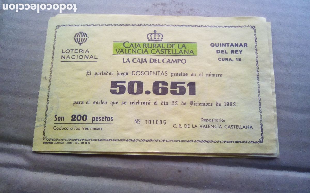 Loter&iacute;a Nacional: Caja Rural de la Valencia Castellana. Papeleta participaci&oacute;n loter&iacute;a navidad. 22-12-1992. N&deg; 50651.