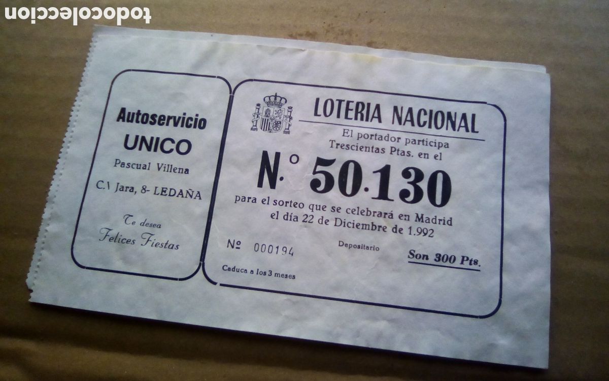 Loter&iacute;a Nacional: Autoservicio Unico, Leda&ntilde;a. Papeleta participaci&oacute;n loter&iacute;a navidad. 22-12-1992. N&deg; 50130. Con mancha