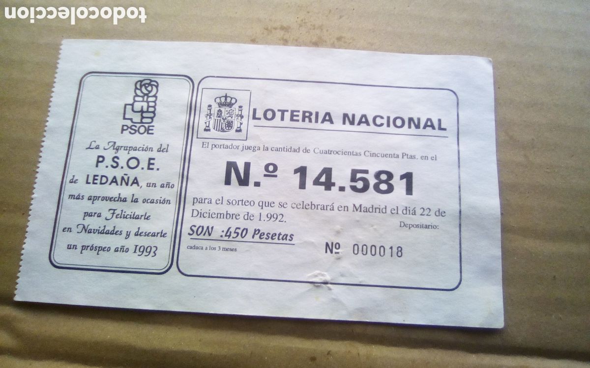 Loter&iacute;a Nacional: Agrupaci&oacute;n del PSOE de Leda&ntilde;a. Papeleta participaci&oacute;n loter&iacute;a navidad. 22-12-1992. N&deg; 14581. Manchas