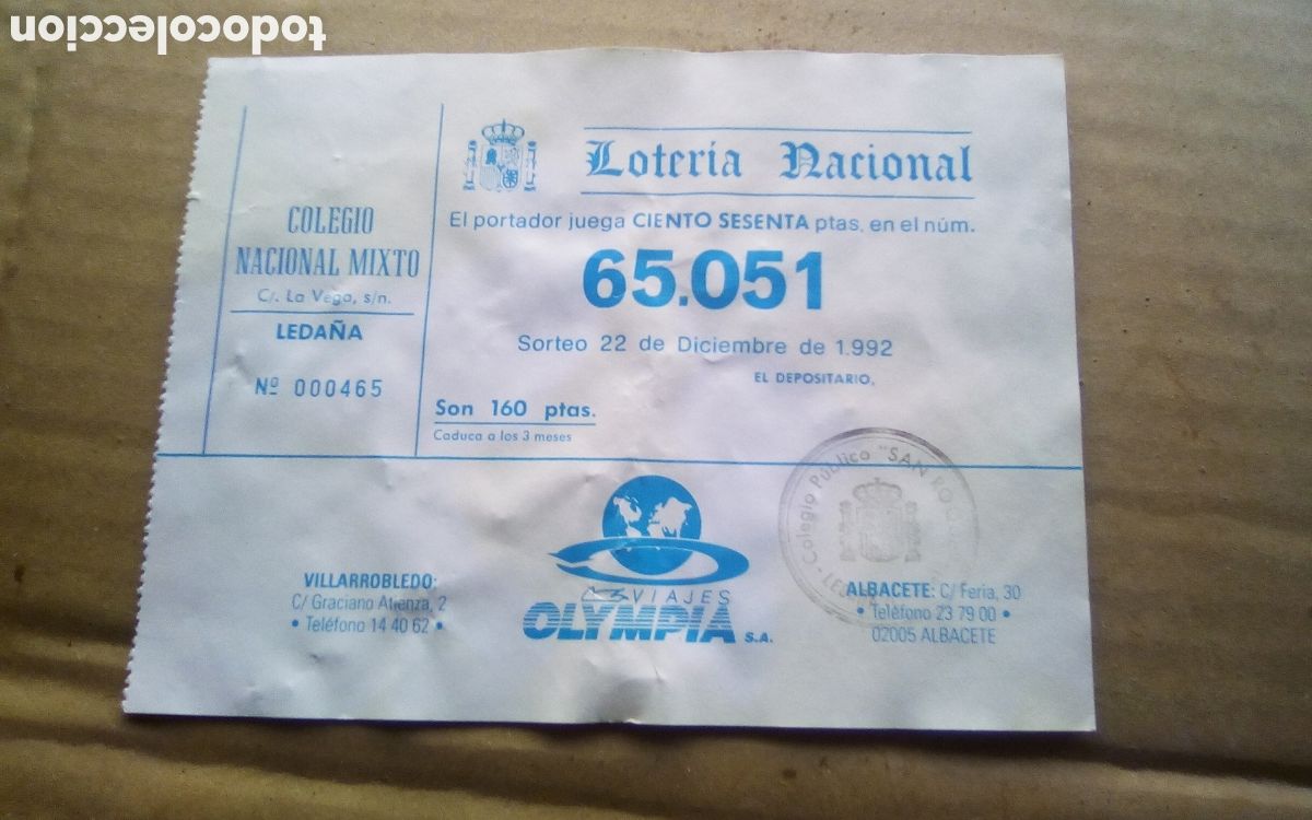 Loter&iacute;a Nacional: Colegio Nacional Mixto de Leda&ntilde;a. Papeleta participaci&oacute;n loter&iacute;a navidad. 22-12-1992. N&deg; 65051. Ver