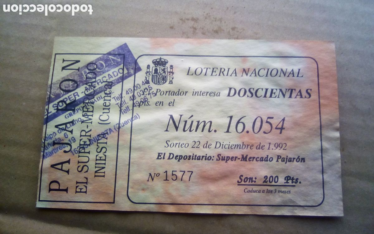 Loter&iacute;a Nacional: Super-Mercado Pajar&oacute;n, Iniesta. Papeleta participaci&oacute;n loter&iacute;a navidad. 22-12-1992. N&deg; 16054. Mancha