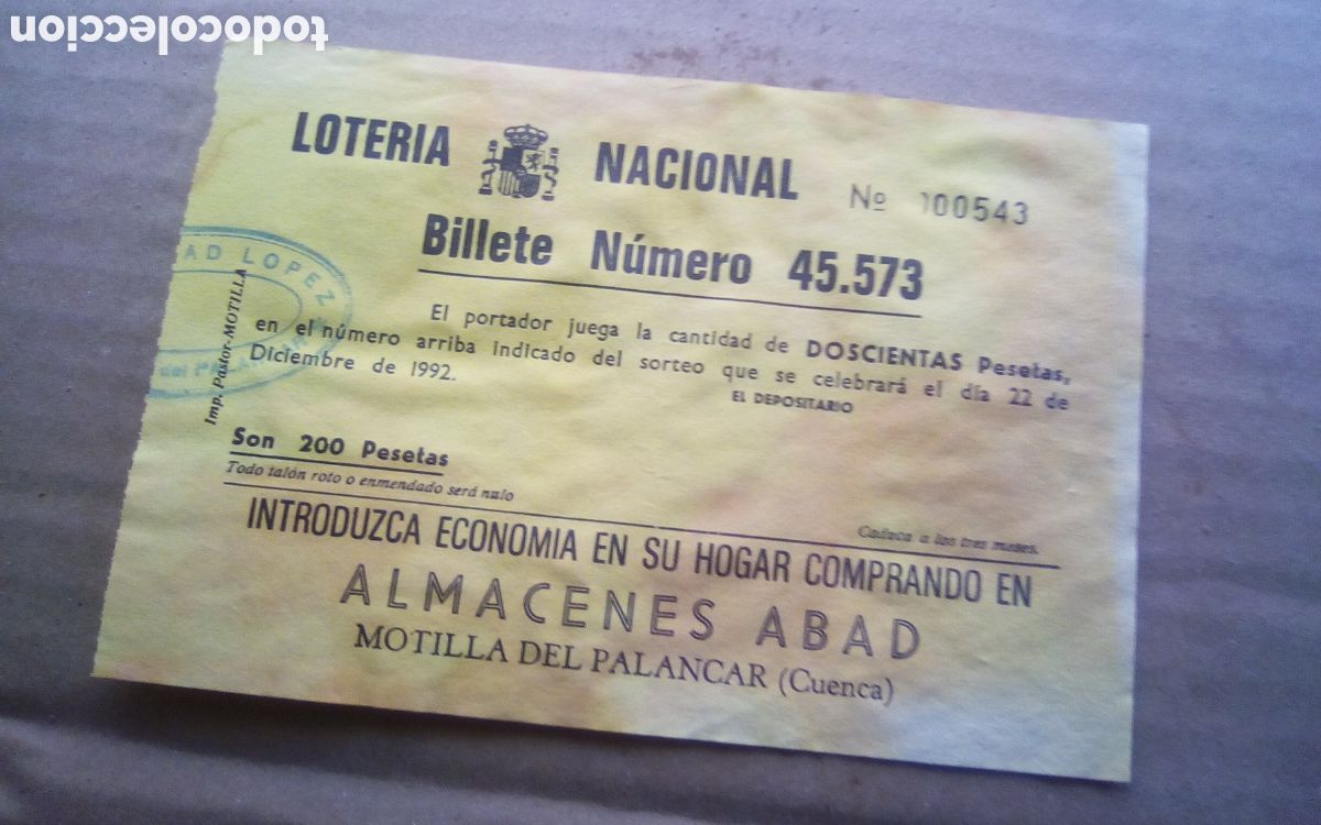 Loter&iacute;a Nacional: Almacenes Abad, Motilla del Palancar. Papeleta participaci&oacute;n loter&iacute;a navidad. 22-12-1992. N&deg; 45573.
