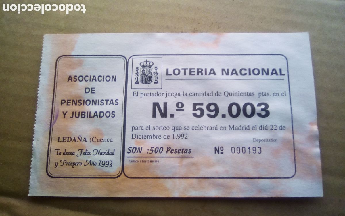 Loter&iacute;a Nacional: Asociaci&oacute;n de Pensionistas y Jubilados de Leda&ntilde;a. Papeleta participaci&oacute;n loter&iacute;a navidad. 22-12-1992