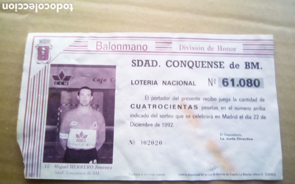 Loter&iacute;a Nacional: Sociedad Conquense de Balonmano. Papeleta participaci&oacute;n loter&iacute;a navidad. 22-12-1992. N&deg; 61080. Ver