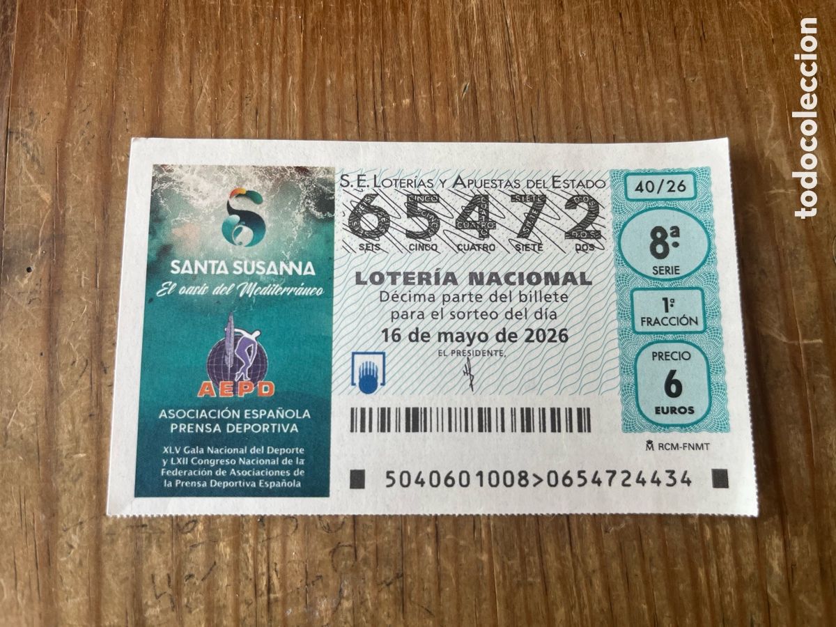 Nationale spanische Lotterie: R31884 DECIMO LOTERIA NACIONAL # 65472 (16-5-2026) SANTA SUSANNA AEPD PRENSA DEPORTIVA