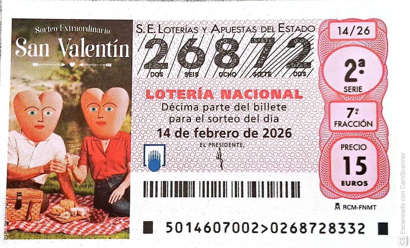 National Spanish Lottery: Espa&ntilde;a. Loter&iacute;a. 2026. Sorteo: 14 Sorteo extraordinario de San Valent&iacute;n. Fecha: 14 febrero.